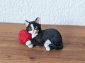 Chat noir avec pattes blanches et pelote rouge 