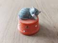 Petite boîte orange avec chat gris tigré