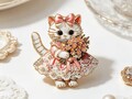 Broche chat en robe rose