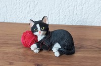 Chat noir avec pattes blanches et pelote rouge 