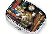 Boîte à pilules chat dans bibliothèque