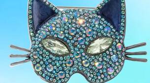 Broche tête de chat strass en bleu turquois